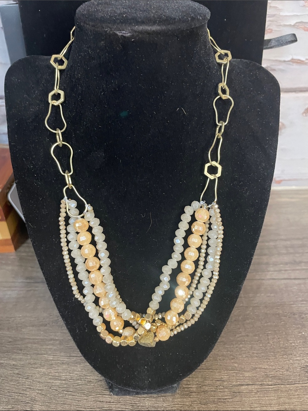 Multi-Strand Gold and Cream Beaded Necklace
